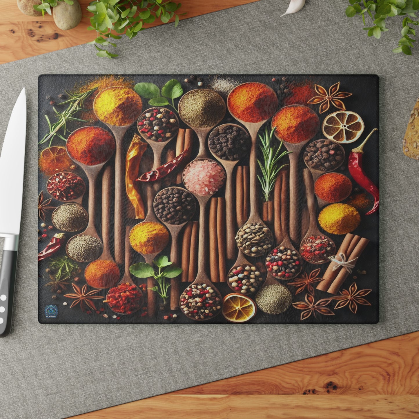 "Artisan Spice Harmony Glass Cutting Board – Limited Edition"