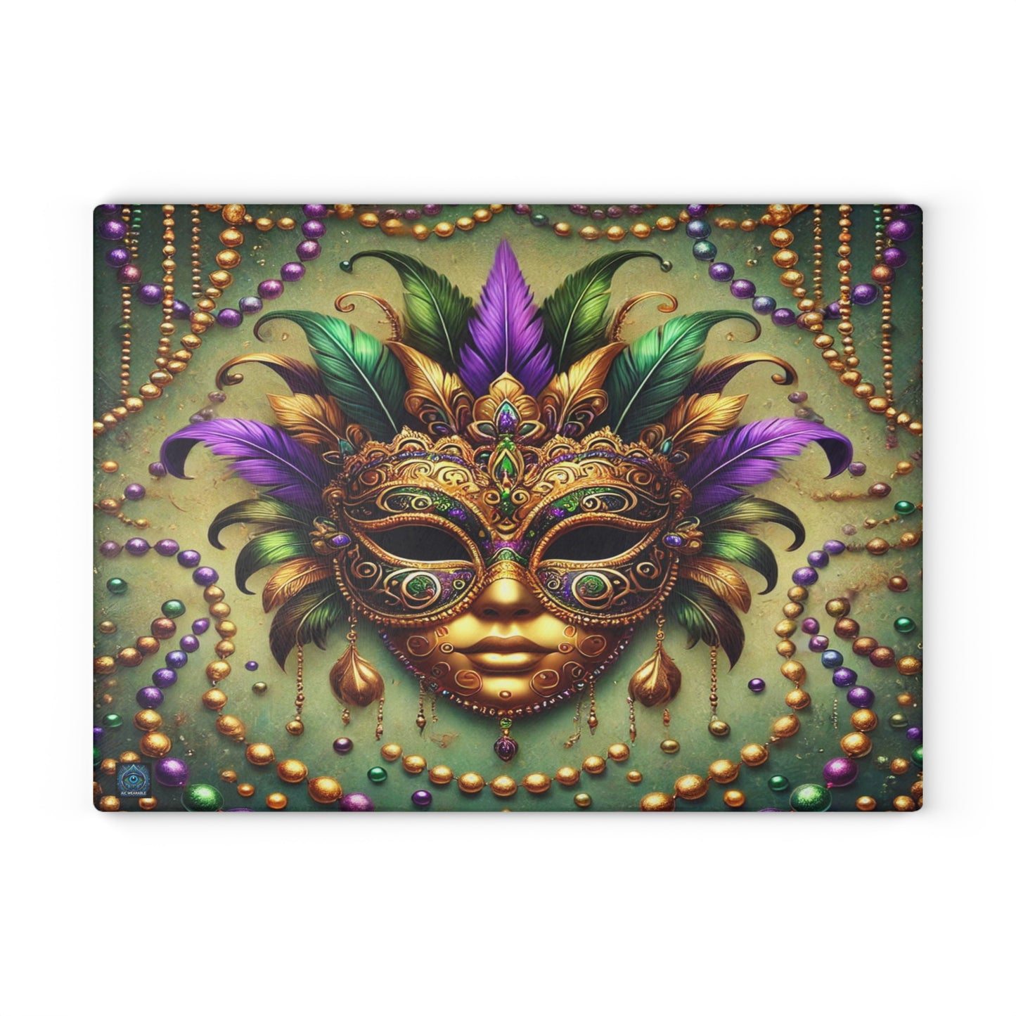 "Mardi Gras Elegance Glass Cutting Board – Limited Edition"