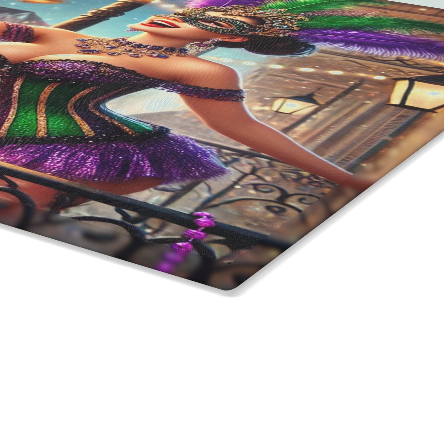 "Mardi Gras Balcony Bliss Glass Cutting Board – Limited Edition"