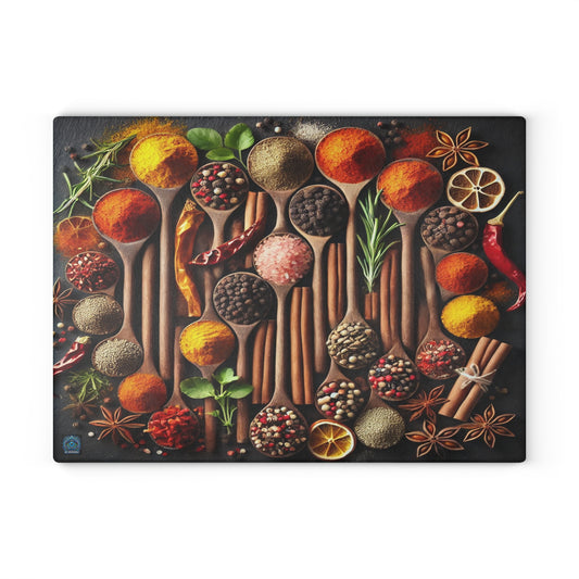 "Artisan Spice Harmony Glass Cutting Board – Limited Edition"