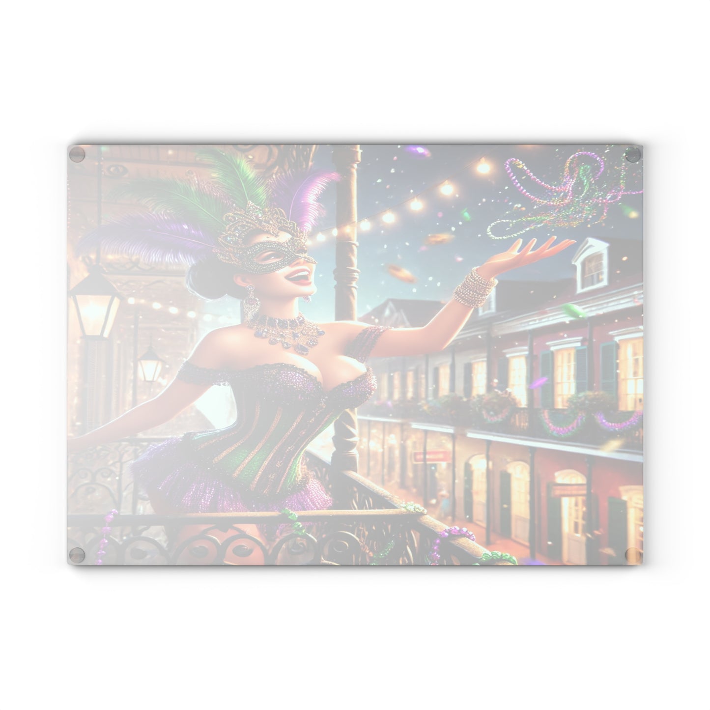 "Mardi Gras Balcony Bliss Glass Cutting Board – Limited Edition"