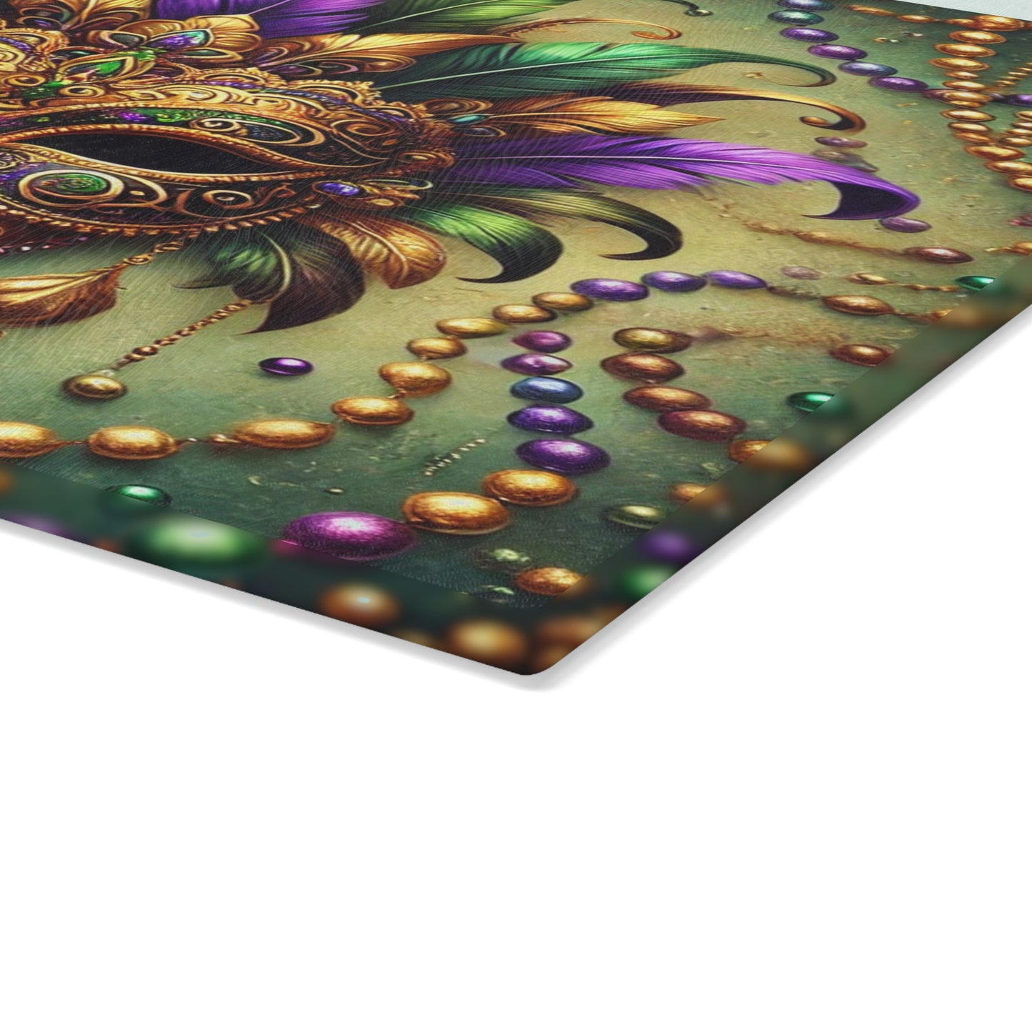 "Mardi Gras Elegance Glass Cutting Board – Limited Edition"