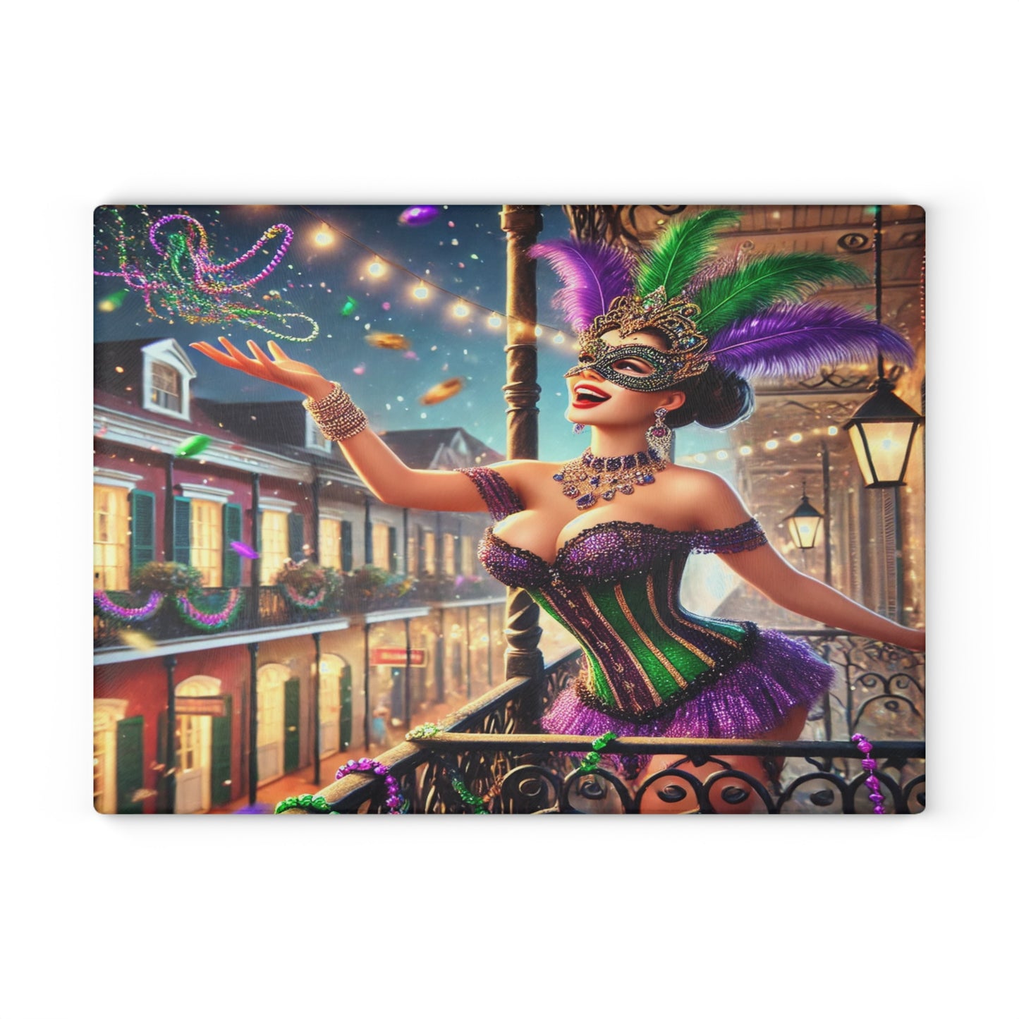 "Mardi Gras Balcony Bliss Glass Cutting Board – Limited Edition"