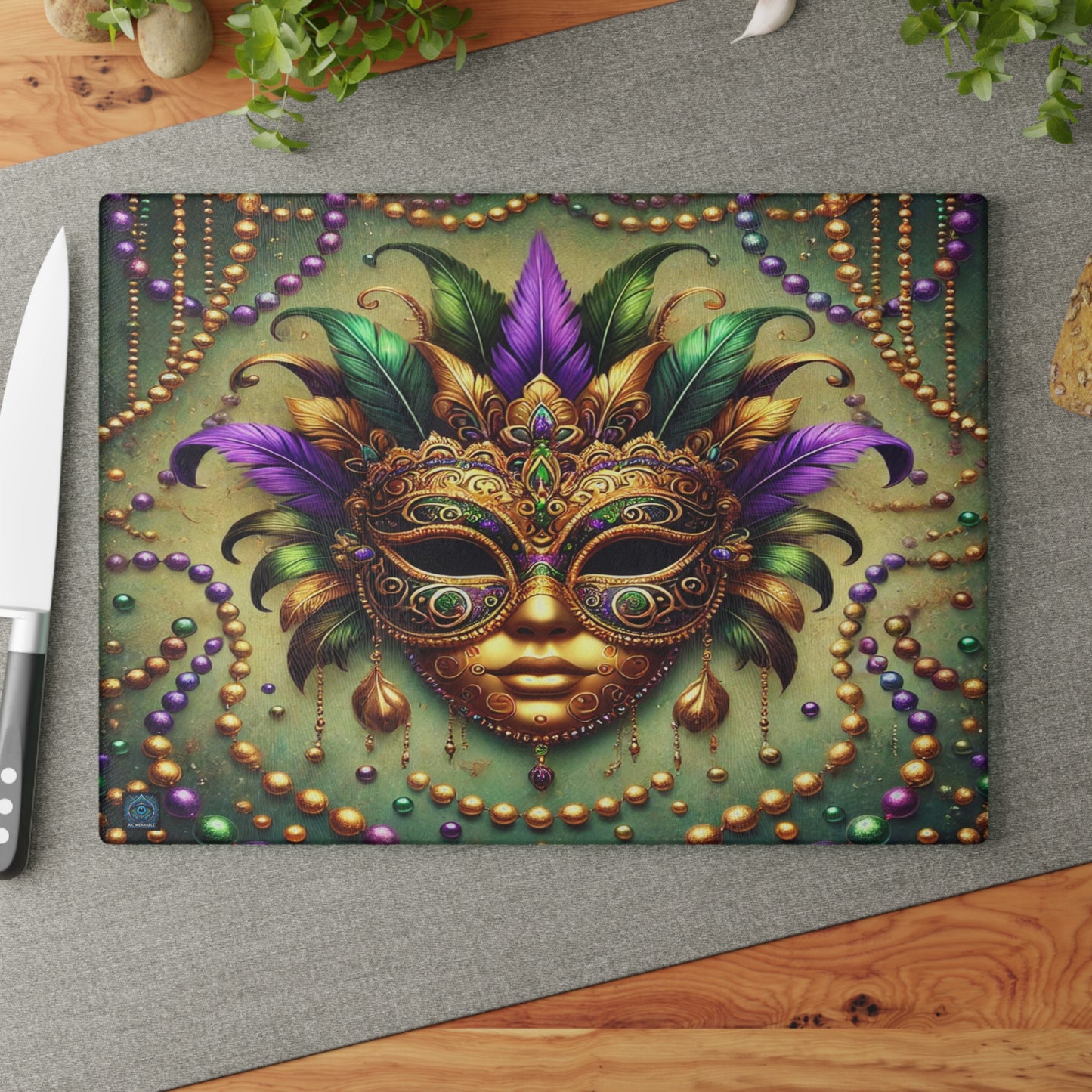 "Mardi Gras Elegance Glass Cutting Board – Limited Edition"