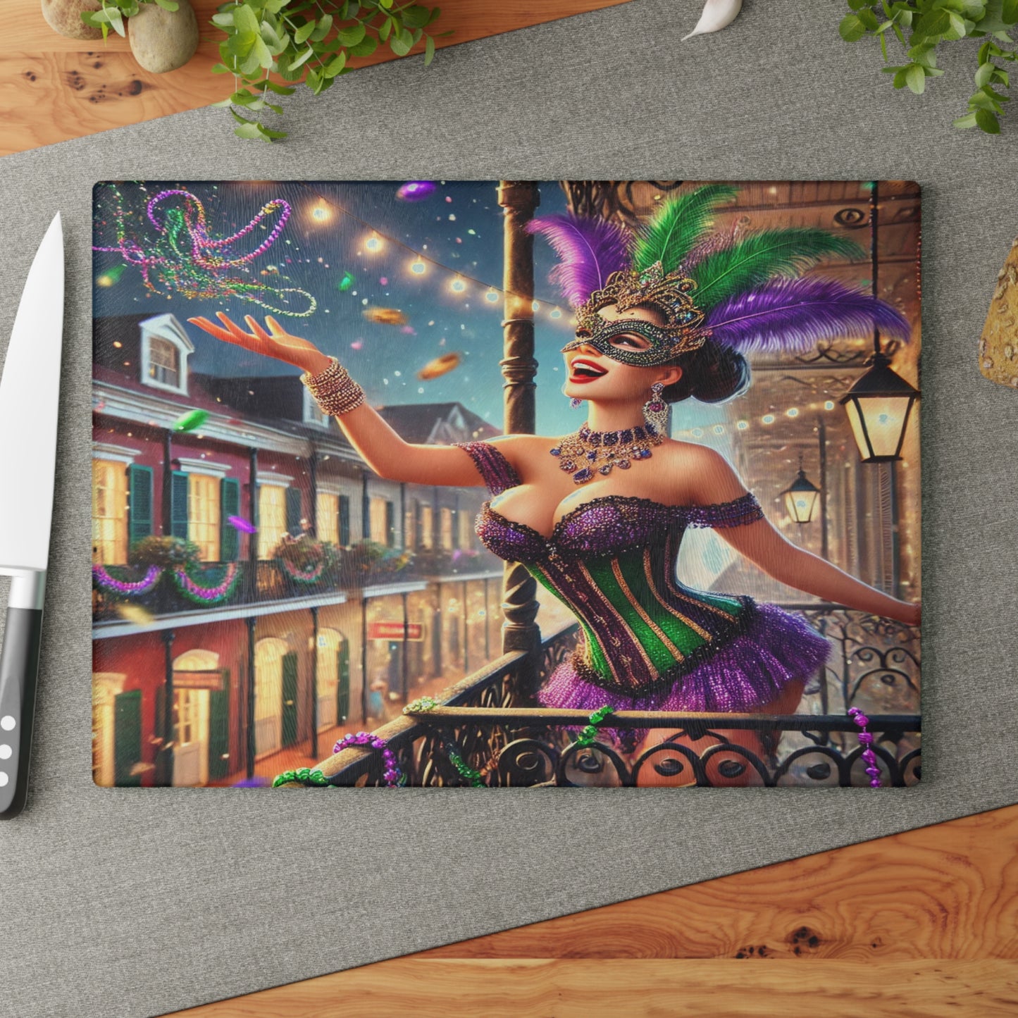 "Mardi Gras Balcony Bliss Glass Cutting Board – Limited Edition"