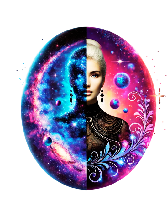 "Cosmic Duality - Galaxy and Woman Fusion T-Shirt"