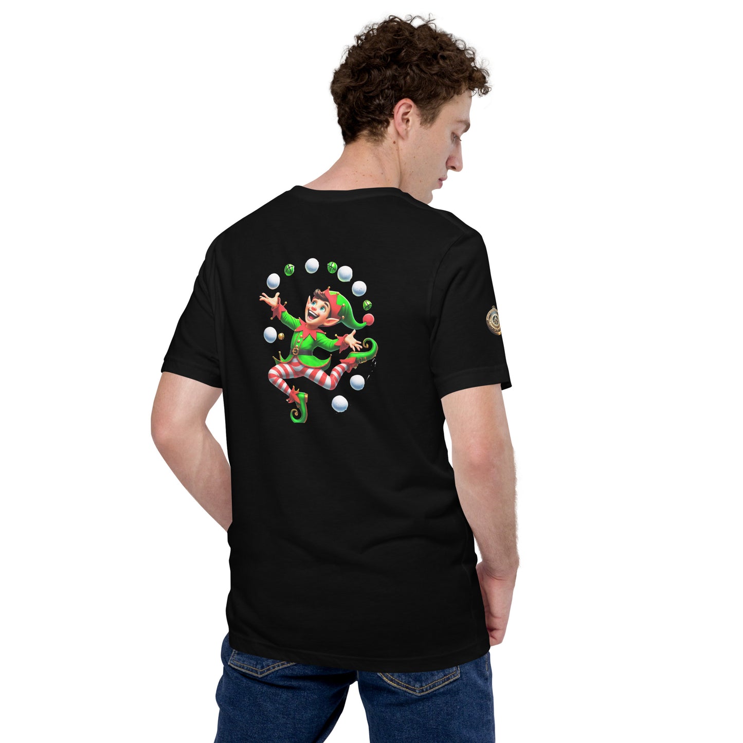 "Jolly Juggler Elf T-Shirt – Whimsical Holiday Delight"