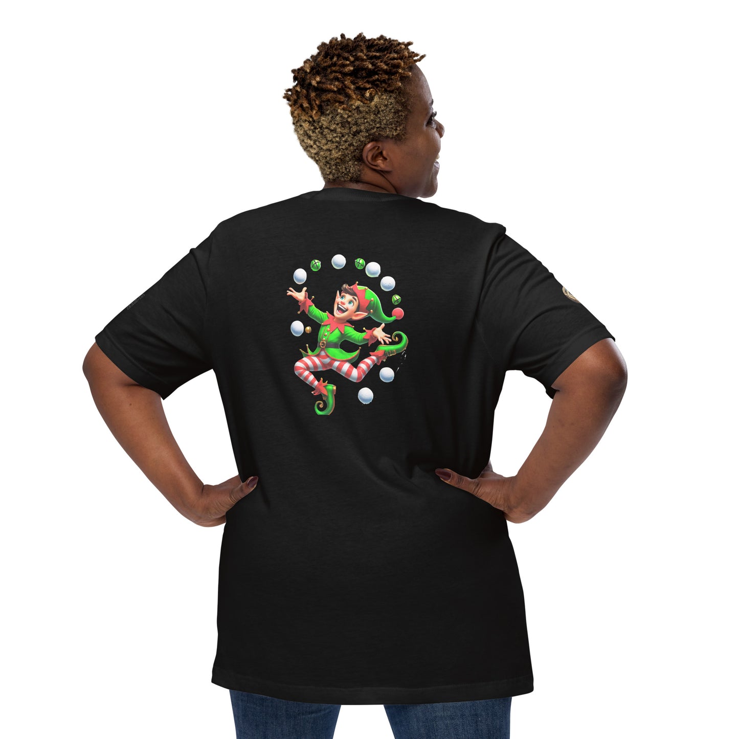 "Jolly Juggler Elf T-Shirt – Whimsical Holiday Delight"